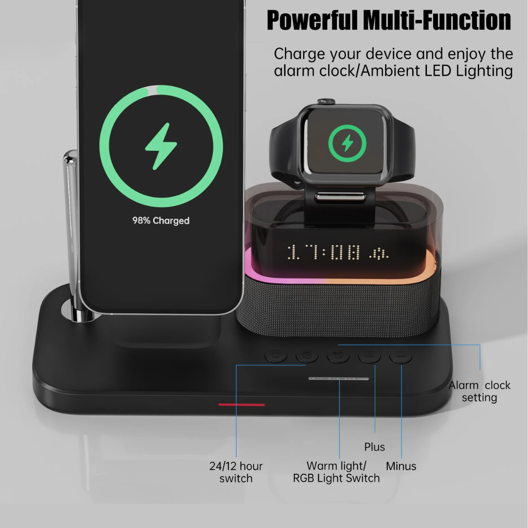 5-in-1 Magnetic Wireless Charging Station w. Alarm Clock Night Light - iPhone, AirPods, Apple Watch